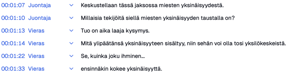 Ruutukaappaus Transkriptor-ohjelman litteroimasta podcastista, jossa juontaja ja vieras keskustelevat miesten yksinäisyydestä.